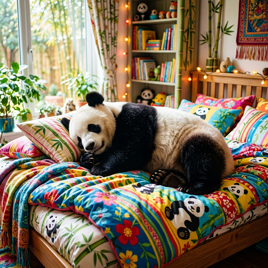 Panda sleeping on a colorful bed with panda-themed bedding inside a cozy room